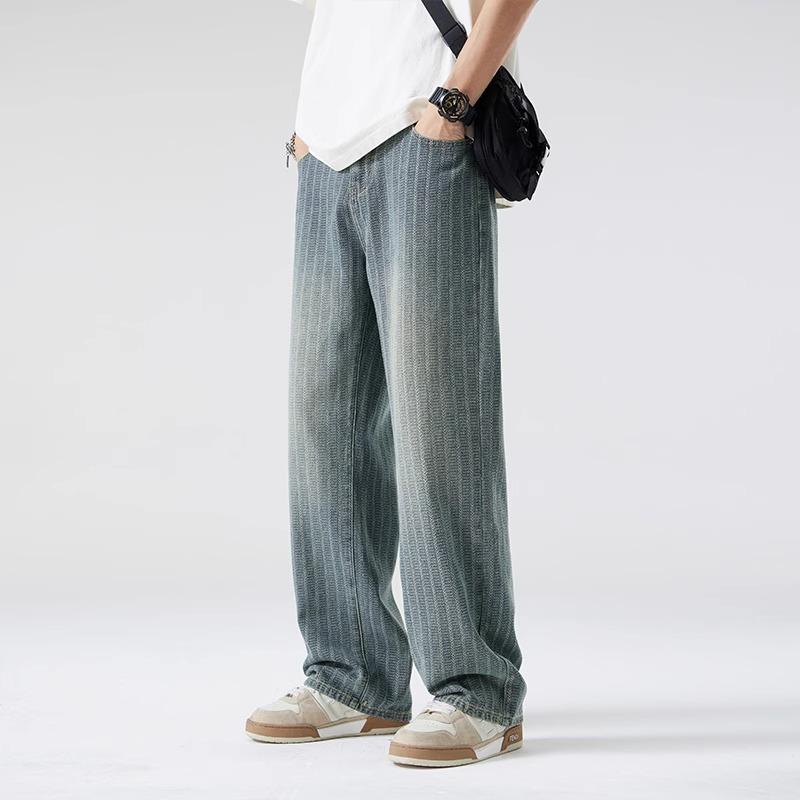 デニムパンツ ストライプ 個性的 かっこいい ジーンズ ズボン メンズ 男性用 水色 淡色 ブルー ボーダーデザイン ウエストゴム 大きいサイズ ワイド ルーズ ストレート ストリート 爽やか イケメン 韓国系 人気 春夏 ジーパン SNS映え ラフ