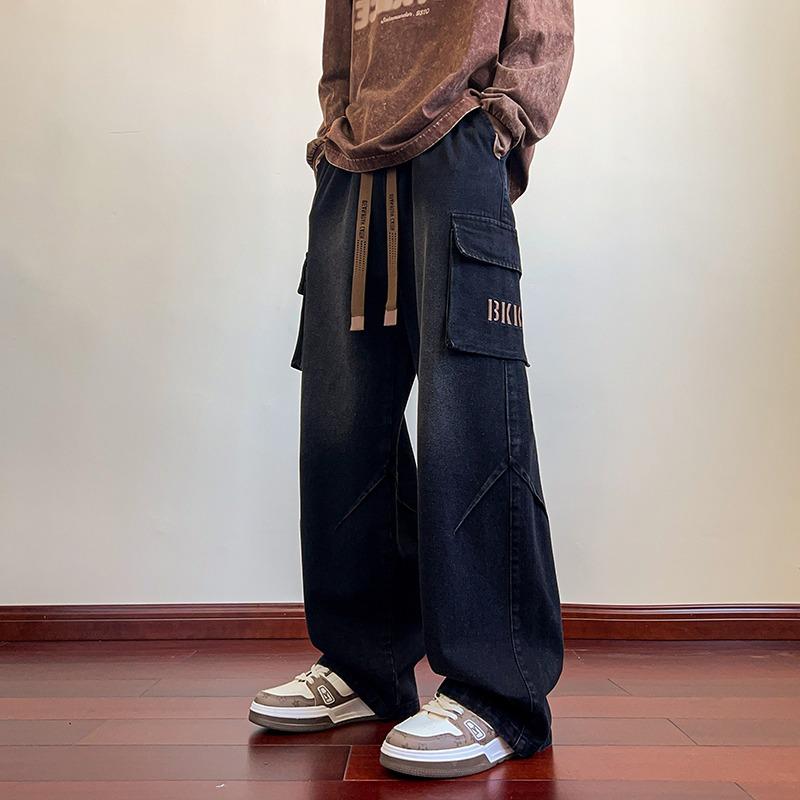 デニムパンツ ワイド ルーズ メンズ かっこいい ジーンズ ズボン 韓国系 男性用 ブラック ブルー サイドポケット センタープレス タック 英文字 ロゴ 個性的 大きいサイズ ワイド ストレート アメリカン ウォッシュ 切り替え ストリート おしゃれ