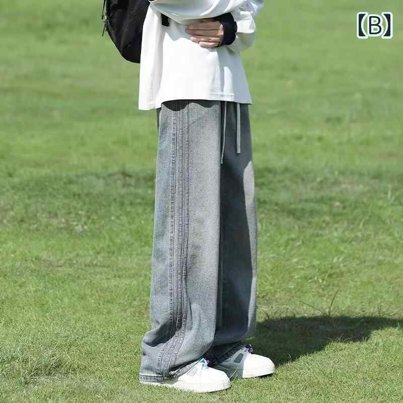 ジーンズ ズボン メンズ ラフ カジュアル パンツ デニム 韓国系 男性用 ブラック ブルー サイドライン ウエスト紐 リラックス 楽ちん ジーパン 大きいサイズ ワイド ストレート アメリカン ウォッシャブル シンプル 着回し ヘビロテ ジーパン 学生