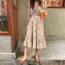 ミモレ丈ワンピース 花柄ワンピース レディース ワンピース ドレス 長袖 レトロ 可愛い 春 秋 韓国 10代 20代 30代 40代 Vネック カシュクール ...