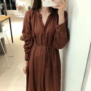 ワンピース シャツ シャツワンピース 長袖 シフォン ロング Vネック 無地 シャーリング ウエストマーク ブラウン 新作 通勤 OL 大きいサイズ