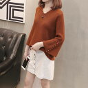 トップス ニット セーター Vネック 長袖 トランペットスリーブ パール ビーズ シンプル 無地 上品 秋 冬 新作 通学 OL デート 大きいサイズ