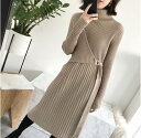 ワンピース ニット ニットワンピース ワンピドレス ミモレ丈 長袖 タートルネック レトロ シンプル 無地 フレンチ ラップドレス プリーツ Dカン 新作 秋 ...