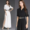 シャツワンピース ロング丈 ロングワンピース 春ワンピース 夏ワンピース レディース シャツワンピース 大きいサイズ シフォン 黒 白 袖あり 五分袖 ロング ...
