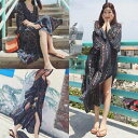 ワンピース ロング 長袖 ボヘミアン エスニック ゆったり マキシワンピース ダークブルー レッド ベルト Vネック レース ビーチ 旅行 リゾート