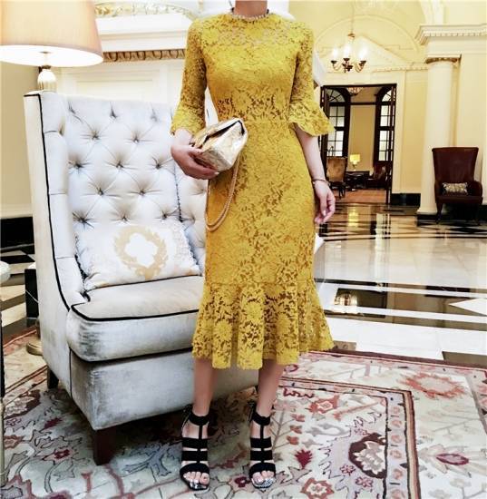 パーティードレス 結婚式 お呼ばれ ドレス ワンピース ミモレ丈 レース 袖あり マーメイド 透け感 上品 大人可愛い おしゃれ 20代 30代 40代 イエロー 春 秋