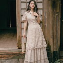 パーティードレス ワンピース ドレス 結婚式 お呼ばれ ロング 花柄 総レース 切り替え レトロ 半袖 春 夏 10代 20代 30代 二次会 可愛い きれいめ おしゃれ 個性的 ベージュ 韓国(4)