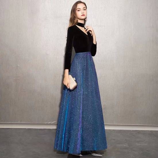 パーティードレス ロング ドレス 演奏会 結婚式 お呼ばれ 二次会 ロング 長袖 秋 冬 黒 バイカラー ラメ 光沢 フォーマル きれいめ 個性的 20代 30代 40代 安い シンプル