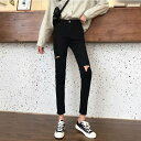 デニムパンツ ブラック デニム パンツ ダメージ 穴あき ボトムス ズボン レディース ジーパン スキニー スリム 春 秋 10代 20代 30代 40代 ストレッチ クロップド 9分丈 ダメージドデニム 細身 タイト クラッシュド 黒 無地 カジュアル パンツ コーデ gパン ブラック 学生