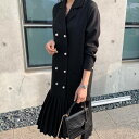 ワンピース ロング ミモレ丈 長袖 レトロ ワンピ おしゃれ 部分 プリーツ 切り替え デザイン 秋 冬 黒 無地 ジャケット風 ダブルボタン 10代 20代 ...