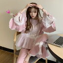 2色 パジャマ レディース ルームウェア 上下セット かわいい 部屋着 寝巻き パンツ 長袖 前開き 春 夏 秋 おしゃれ ラブリー セットアップ レース リボ...