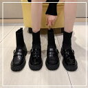ブーツ レディース ローファー シューズ 靴 ショートブーツ ソックスブーツ ヒール かわいい カジュアル おしゃれ 黒 無地 広沢 ドッキング シューズ 切り...