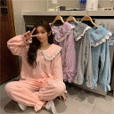 モコモコ ルームウェア レディース もこもこ かわいい 上下セット 秋冬 パジャマ 寝巻き 部屋着 ホームウェア フリース 温かい ラブリー フリル 襟 レース...
