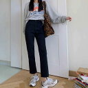 2色 デニム パンツ レディース ズボン ボトムス 切りっぱなし 無地 Gパン ストレート ハイウエスト カジュアル 細身 レトロ アンクル丈 9分丈 大人かわ...