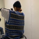 2色 ニット ベスト レディース トップス 重ね着 ルーズ Vネック ビッグサイズ おしゃれ 柄 レトロ カジュアル 可愛い トラッド オーバーサイズ ドロップショルダー ノースリーブ 大きめ ゆったり マニッシュ こなれ感 トップス コーデ 通学 学生 ブルー 青 カーキ
