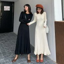 ワンピース ニット ロング レディース 秋 冬 大人かわいい ワンピース リブニット フリル 双子 お揃い コーデ 黒 無地 アプリコット 韓国 ファッション ...