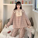 パジャマ レディース ルームウェア 上下セット 長袖 チェック柄 レース フリル かわいい おしゃれ レトロ ガーリー 寝巻き 部屋着 ホームウェア ピンク グリーン セットアップ パンツ 春 秋 インスタ映え 女子会 お泊まり 10代 20代 30代 韓国 ファッション