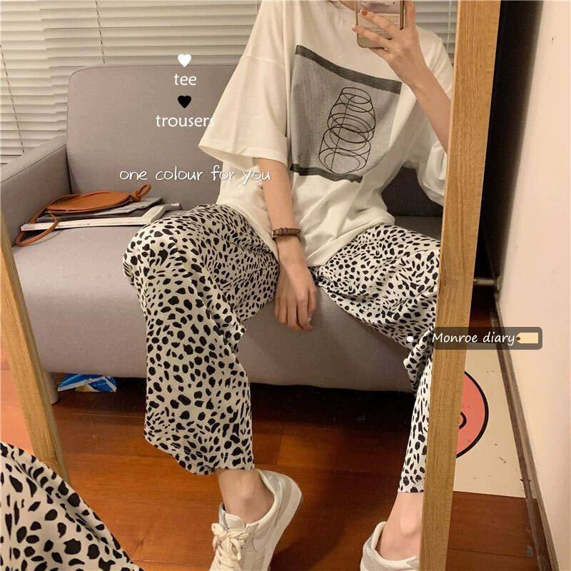 パンツ レディース ワイドパンツ ルーズ ヒョウ柄 白 レオパード ボトムス ズボン カジュアル ハイウエスト モノトーン 総ゴム ゆったり リラックス 部屋着...