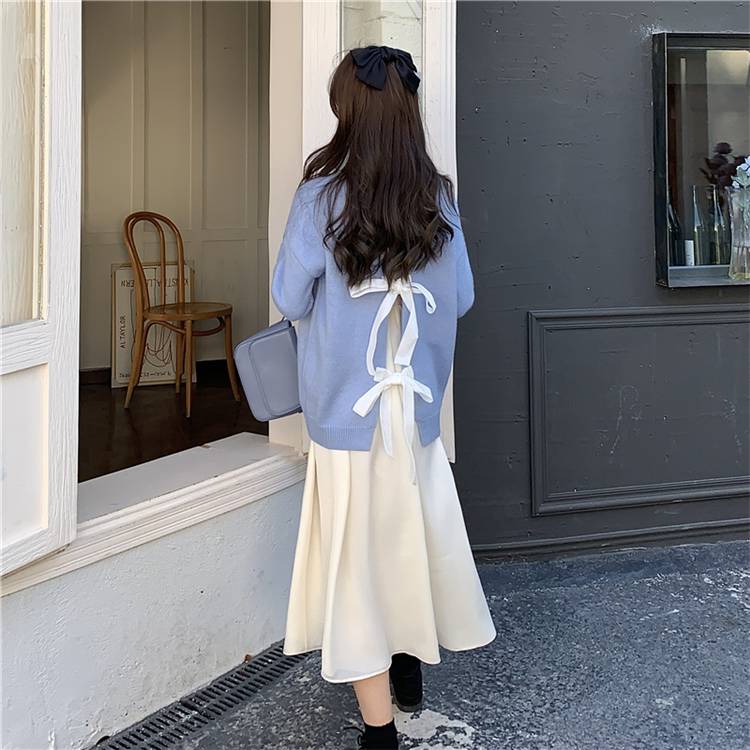 2色 セットアップ レディース ニット セーター ワンピース バックコンシャス かわいい おしゃれ 個性的 リボン エレガント 長袖 無地 黒 青 バイカラー ツーピース ラフ カジュアル キュート インスタ映え コーデ ブラック ブルー ベージュ ワンピ キャミワンピ