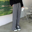 2色 パンツ レディース チェック柄 千鳥格子 ズボン ボトムス 大人可愛い ルーズ カジュアル ストレート ワイドパンツ 切れ込み かっこいい ハイウエスト ...