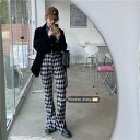 パンツ レディース ズボン チェック柄 ワイドパンツ ダイヤ柄 ルーズ かっこいい こなれ感 ボトムス カジュアル ハイウエスト スリット 黒 格子柄 ブラック...