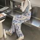 2色 パンツ レディース ワイドパンツ ルーズ おしゃれ リラックス ボトムス ズボン カジュアル 柄 ハイウエスト ダイダイ 絞り染め プリーツ 白 黒 青 ...