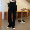 3色 パンツ レディース スウェット ストレート ワイド センタープレス ボトムス ズボン おしゃれ カジュアル 切れ込み スリット 黒 グレー 無地 ジャージ...