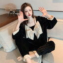 2色 ルームウェア レディース 上下セット 春 秋 冬リボン かわいい パジャマ 寝巻き 部屋着 ホームウェア フリル ベルベット ガーリー ピンク ブラック ...