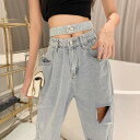 デニム パンツ レディース ジーンズ ジーパン ダメージ 穴あき パンツ 薄色 ウエストマーク ベルト風 おしゃれ かっこいい ズボン ボトムス ロールアップ ...
