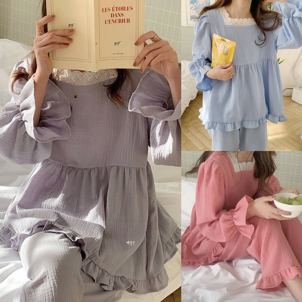 5色 ルームウェア レディース パジャマ 上下セット レース フリル かわいい 無地 長袖 寝巻き 部屋着 おしゃれ ガーリー 薄手 春 夏 甘め 長ズボン 袖フレア ボートネック ボリューム袖 おしゃれ 可愛い 個性的 キュート カジュアル ゆったり ピンク 水色 黄色 グレーのサムネイル