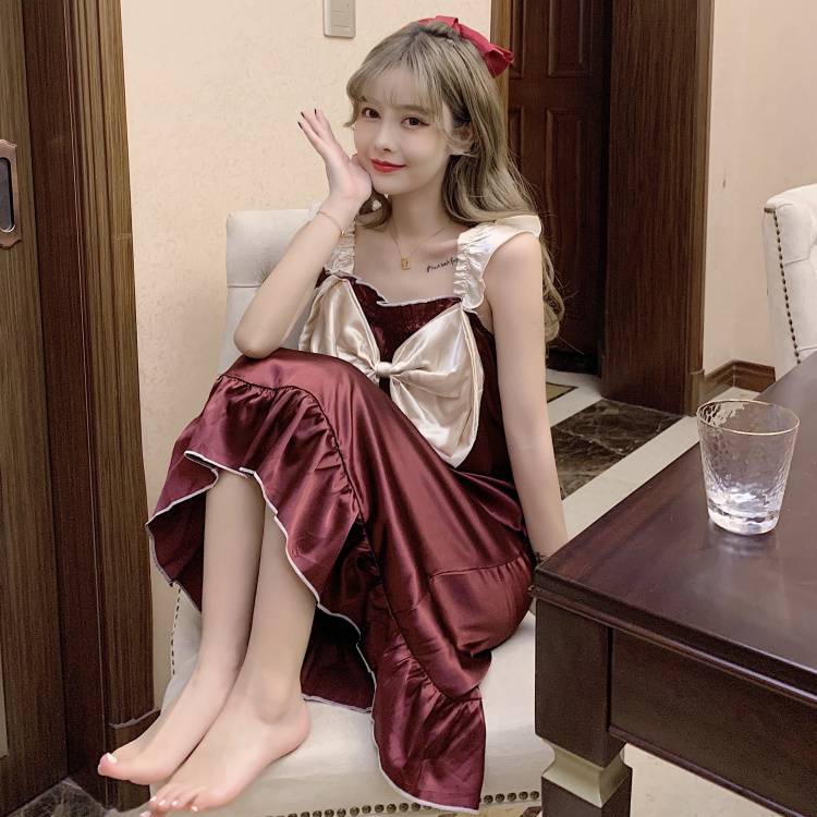 3色 ルームウェア レディース ワンピース スカート 部屋着 光沢 パジャマ 寝間着 ミディアム丈 膝丈 フリル ギャザー おしゃれ 大人可愛い ノースリーブ ...