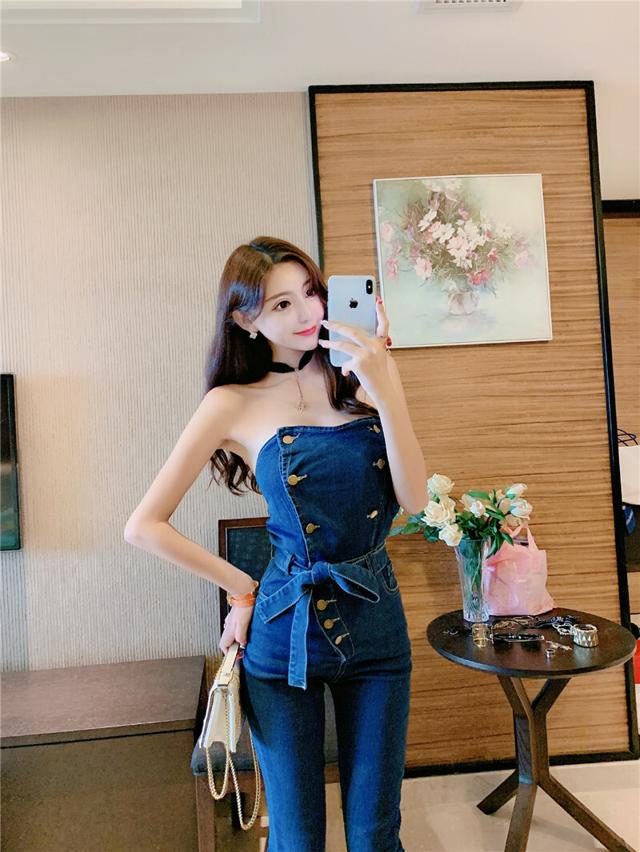 デニムパンツ レディース ジャンプスーツ オールインワン パンツ デニム スリム タイト セクシー おしゃれ 可愛い リボン チューブトップ アンクルパンツ 9分丈パンツ ノースリーブ ハイウエスト ウエストマーク 春 夏 秋 無地 カジュアル 大人可愛い デート コーデ ギャル