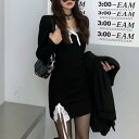 ワンピース レディース ミニ ワンピ ミニスカート 長袖 タイト 黒 セクシー スクエアネック サイドスリット レース リボン スリム 襟なし 細身 セクシー ...