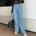 デニム パンツ レディース 長ズボン ジーンズ ジーパン 格子柄 個性的 おしゃれ 大きいサイズ XL 2XL 3XL 4XL ワイドパンツ ストレート ブルー...