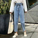 デニム パンツ レディース クロップドパンツ 9分丈 アンクル丈 デニム ジーンズ ジーパン 長ズボン ストレート ウエストリボン おしゃれ 大きいサイズ プラスサイズ 大人可愛い ボタン レトロ ガーリー ウエストゴム 無地 ライトブルー 水色 かわいい こなれ感 インスタ映え