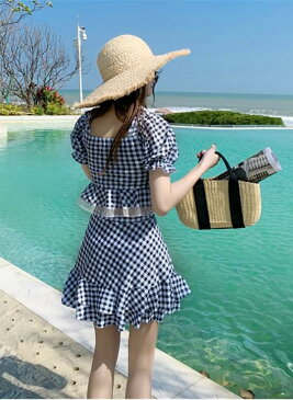 3色 水着 レディース ビキニ 上下セット ギンガムチェック かわいい 体系カバー ラブリー 袖あり 韓国 水着 ビスチェ フリル リボン レース ハイウエスト ティアードスカート スカパン ミニスカート チェック柄 ピンク 水色 ライトブルー 青 ブルー グリーン オフショル ガー