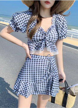3色 水着 レディース ビキニ 上下セット ギンガムチェック かわいい 体系カバー ラブリー 袖あり 韓国 水着 ビスチェ フリル リボン レース ハイウエスト ティアードスカート スカパン ミニスカート チェック柄 ピンク 水色 ライトブルー 青 ブルー グリーン オフショル ガー