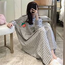 2色 ルームウェア レディース ワンピース ロング 長袖 ラウンドネック ボーダー ワンポイント ワッペン ゆったり ゆる ラフ 楽ちん 部屋着 寝間着 パジャ...