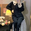 パジャマ ルームウェア レディース 長袖 ズボン フリル レース 黒 ビッグカラー サイドスリット ウエストゴム ボタン 綿 上下セット ツーピース かわいい ...