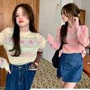 セーター ニット トップス レディース 薔薇 ローズ 花柄 レトロ 編み 長袖 薄手 可愛い ガーリー カジュアル デザインニット ピンク クリーム ロングスリーブ デザインカラー ラウンドネック 春 秋 10代 20代 着回し ファッショニスタ コリア 韓国ファッション トレンド 華や