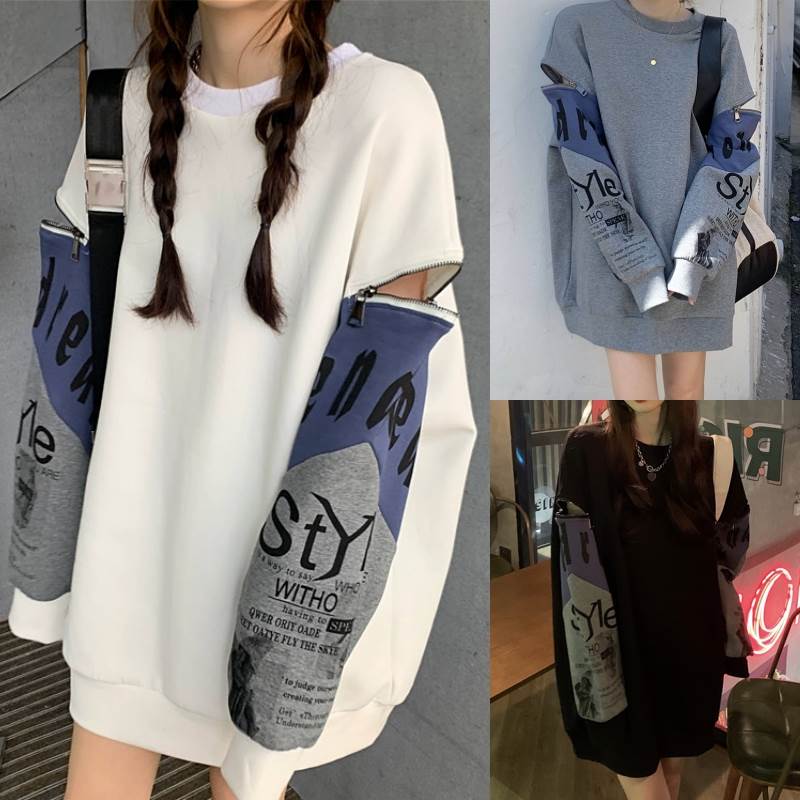 3色 トップス トレーナー レディース 長袖 ジッパー ジップ 春 秋 グレー 灰色 ホワイト 白 ブラック 黒 プリント ラウンドネック ルーズ ミディアム丈...