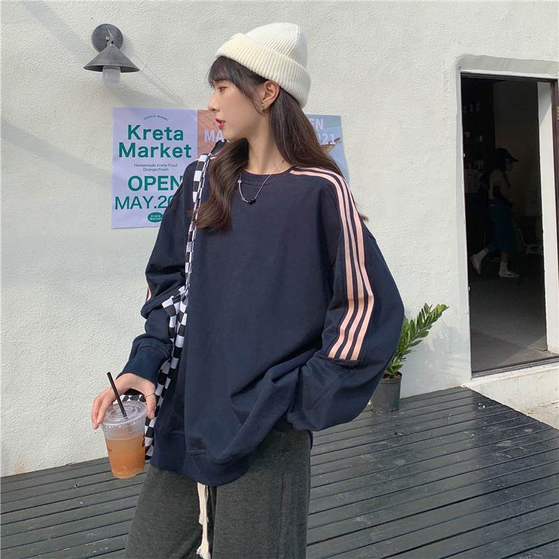 2色 トレーナー プルオーバー スウェット ネイビー グレー 長袖 トップス レディース ラフ カジュアル ルーズ ラウンドネック ストライプ ライン 大人可愛...