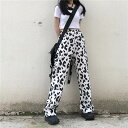 パンツ レディース ボトムス ワイド ズボン 牛柄 モノトーン ウシ 個性的 ユニーク フルレングス ハイウエスト 牛 アニマル 黒 白 春 夏 秋 大きいサイ...