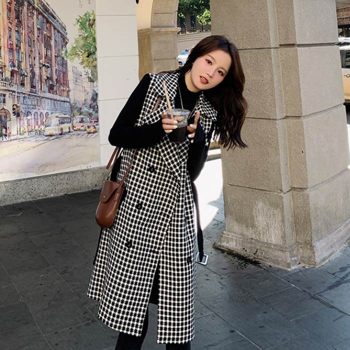 ベスト ジレ レディース ロング丈 ブラック 千鳥格子 袖なし アウター 上着 羽織 ベルト付き ウエストマーク 黒 切り替え S M L XL 可愛い かっこいい おしゃれ きれいめ カジュアル モダン こなれ感 レトロ インスタ映え 春 秋 10代 20代 30代 通勤 学生 OL 女子会 休日 おのサムネイル