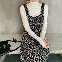 ワンピース ロング レディース ヒョウ柄 レオパード ジャンスカ キャミ風 モノトーン きれいめ カジュアル ワンピ ドレス フリル くしゅくしゅ お洒落 スリ...