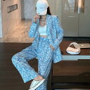 セットアップ ジャケット パンツ レディース 上下セット ツーピース 秋 柄 花柄 ブルー 長袖 襟付き ボタン シングルブレスト ポケット カジュアル レトロ...