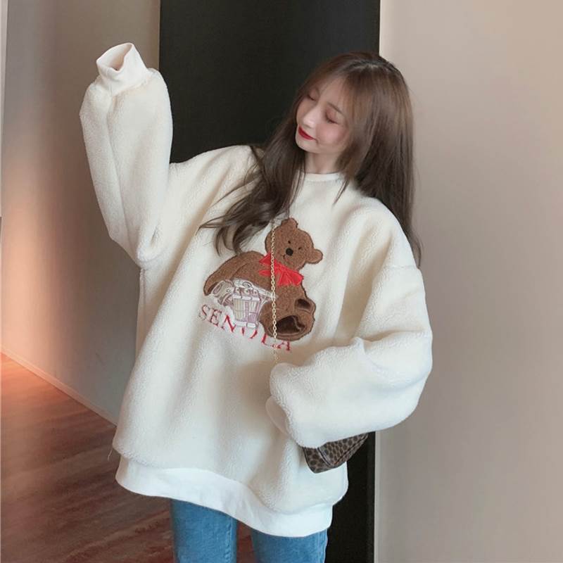 3色 トップス トレーナー レディース ボア もこもこ くま キャラクター 可愛い 秋 冬 アプリコット ピンク ブルー 青 長袖 厚手 ラウンドネック 刺繍 ...
