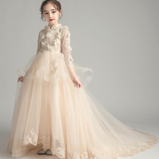 子供 ドレス ロング プリンセス 大人っぽい キッズドレス ピアノ 発表会 女の子 ドレス ロング 結婚式 フォーマル 子供服 フレア 袖あり 花 刺繍 チュール フリル フィッシュテール シャンパン ピンク 白 可愛い 100 110 120 130 140 150 160 大人 かわいい かっこいい パー