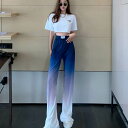 2色 ボトムス パンツ ズボン ロング丈 カジュアルパンツ ハイウエスト ウエストゴム ストレート ワイドレッグ 夏 グレーホワイト ブルーパープル 無地 グラデーション ルーズ カジュアル シンプル かわいい おしゃれ こなれ感 個性的 お洒落 大人可愛い 大人カジュアル 大人