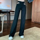 ボトムス パンツ カジュアルパンツ ズボン ワイドレッグ ハイウエスト ロング丈 スリム 秋 ブラック 黒 無地 薄手 カジュアル シンプル ストリート系 おしゃれ かわいい 大人可愛い 大人女子 大人カジュアル お洒落 こなれ感 大人 S M L 10代 20代 30代 休日 お出かけ デート